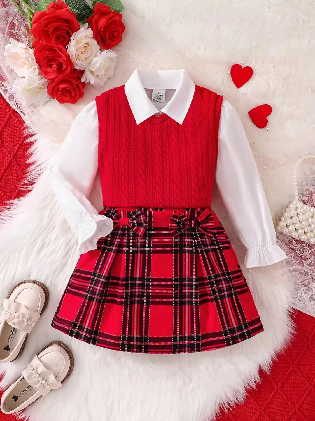 Children's Cute Three Piece Set  Spring and Autumn New Girl Fashion Knitted Red Tank Top+Lace Collar Lining+Checkered Half Skirt