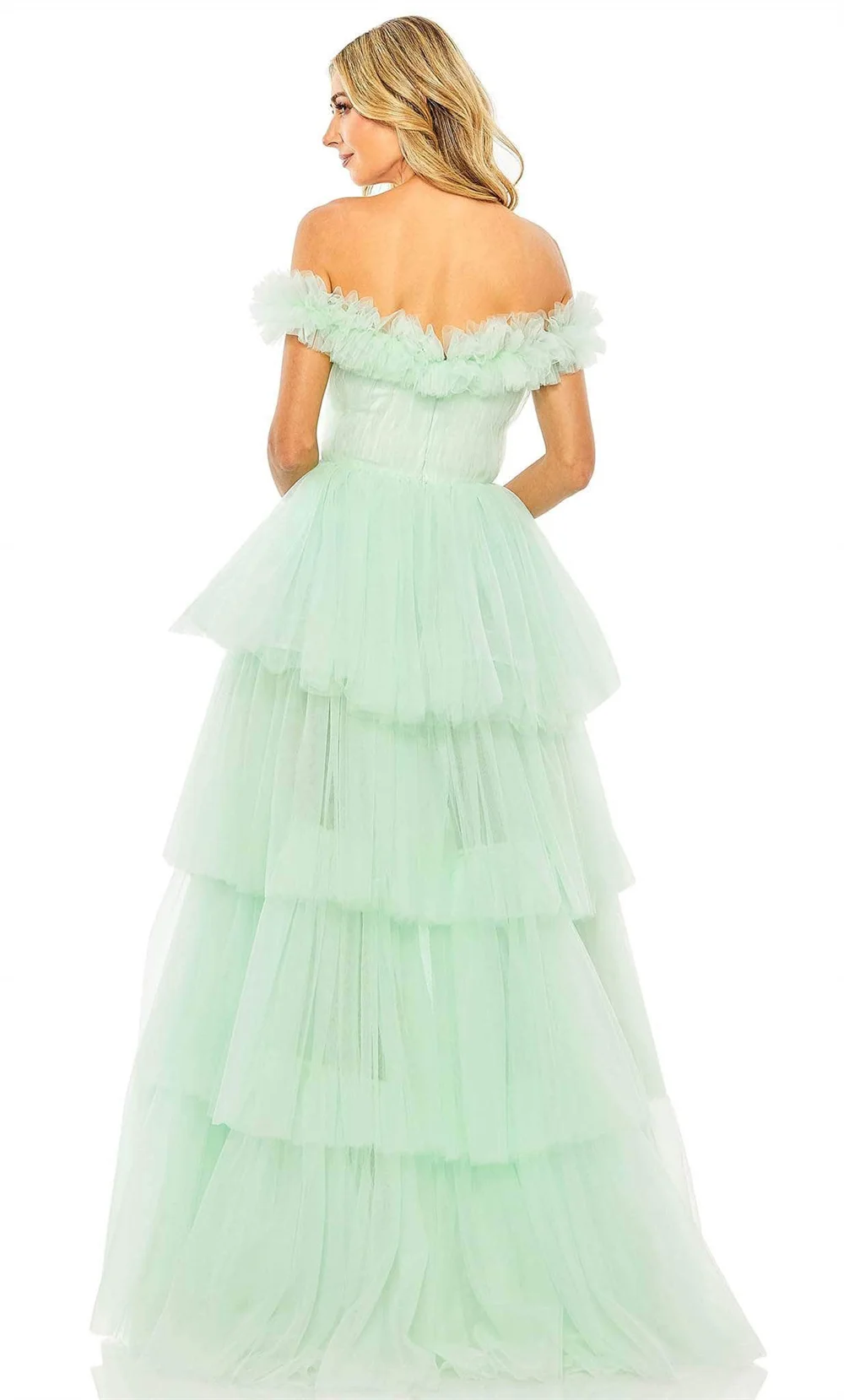 Jessica Light Green Prom Dresses Off-the-shoulder Handmade Tulle Evening Dresses A-shaped Side Slit Elegant Wedding Party Dress