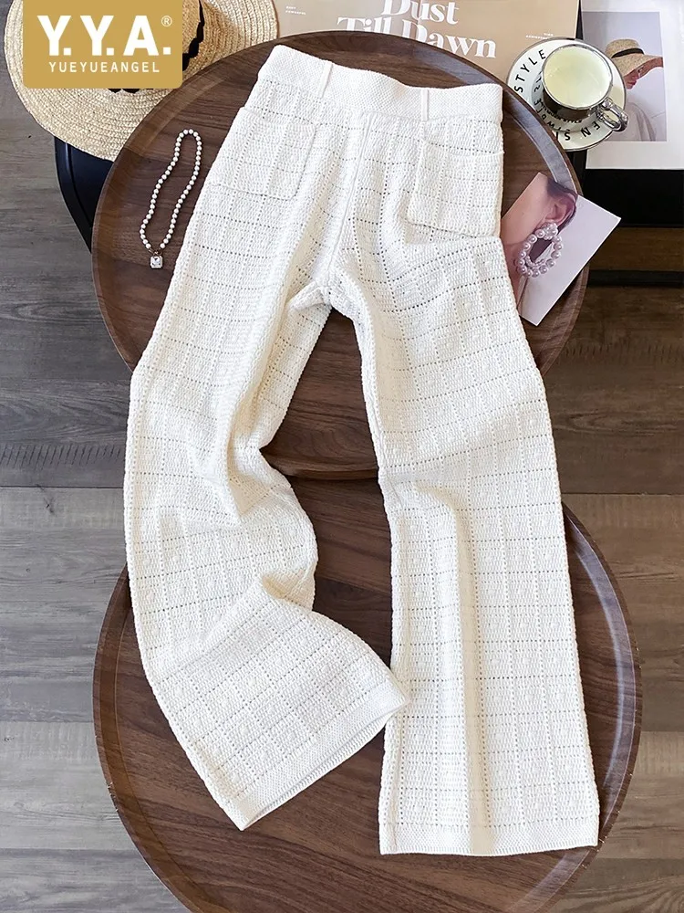 

Spring Summer Womens High Waisted Knit Straight Pants Work Ladies Loose Breathable Wide Leg Pant Elastic Waist Casual Trousers