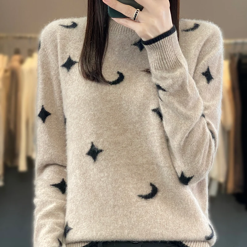 2023 Autumn and Winter New style Cashmere Sweater Women\'s Clothing O-Neck Pullover 100% Merino Wool Jacquard Top Fashion Korean