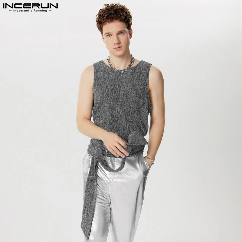 INCERUN Tops 2025 American Style Men's Sparkling Strap Design Vests Fashion Sexy Male Cropped Pleated Sleeveless Tank Tops S-5XL