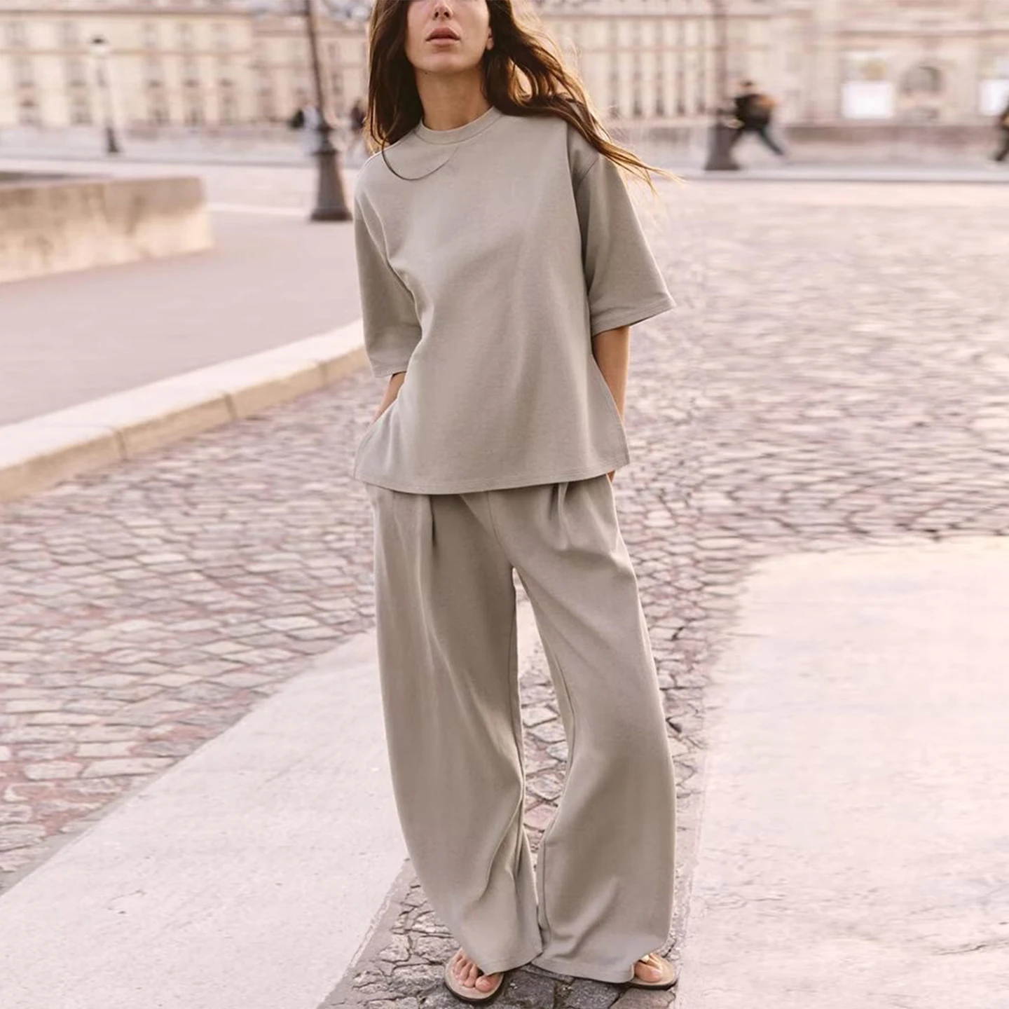 

Z женская круглая футболка и длинные брюки, повседневный комплект Faion, лето 2029, пуловер со средним рукавом и круглым вырезом Ne, топ