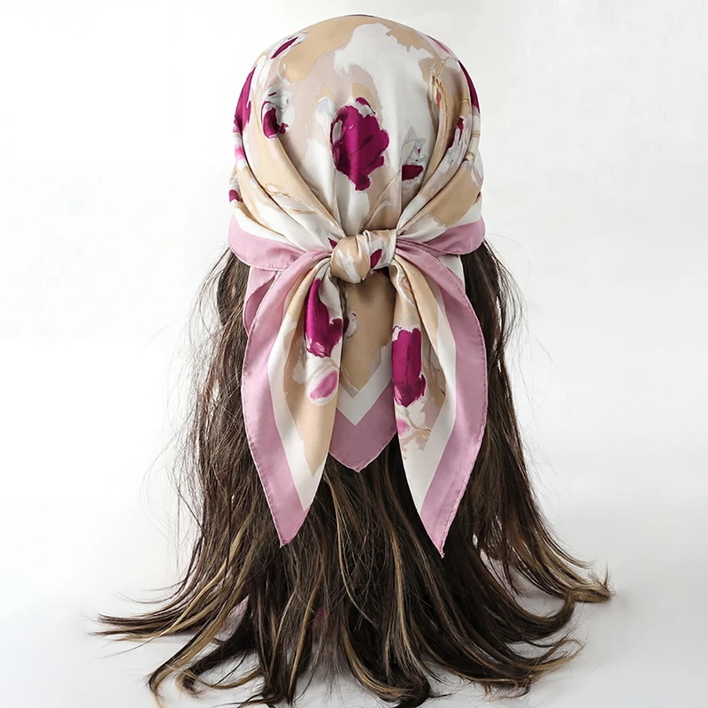 Artistic Satin Silk Square Scarf Watercolor Tulip Print Hijab Lightweight Bandana for Women Beach Vacation Neck Hair Accessory
