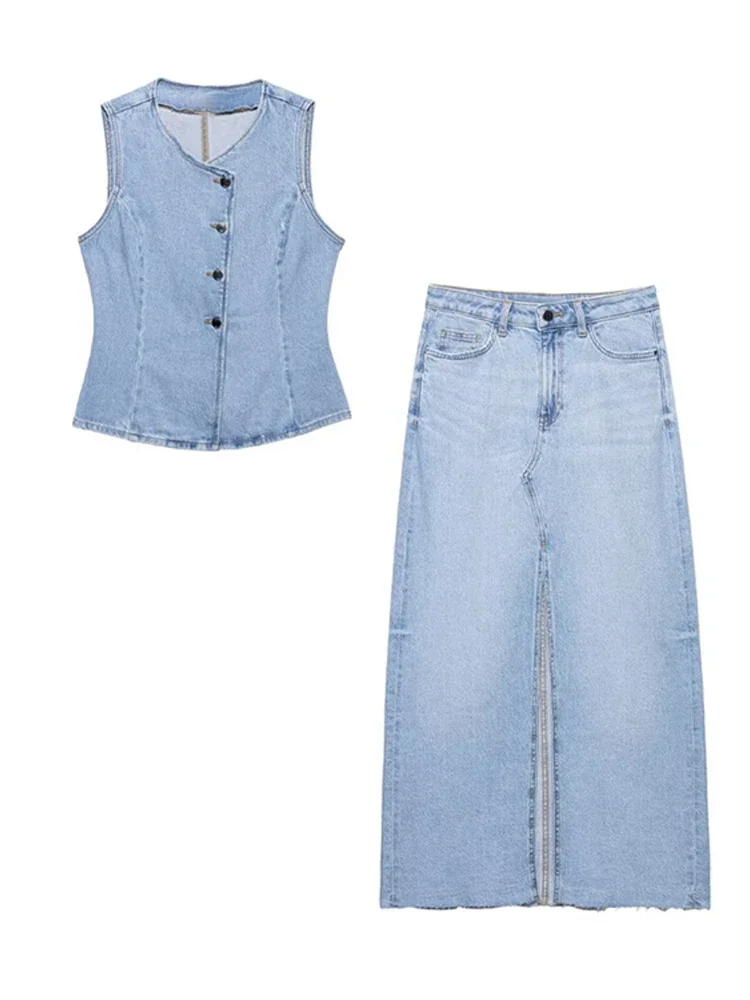 CPSYMYM Elegant Denim Vest Skirts Set Women Light Blue Single Breasted Vest Front Split Skirt Female Suit  Summer Slim Lady Sets