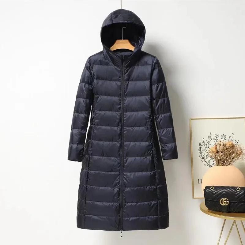 2022 Autumn Winter Women Hooded Down Jacket Light Thin White Duck Down Coat Parkas Female Long Warm Puffer Bigsize Outerwears