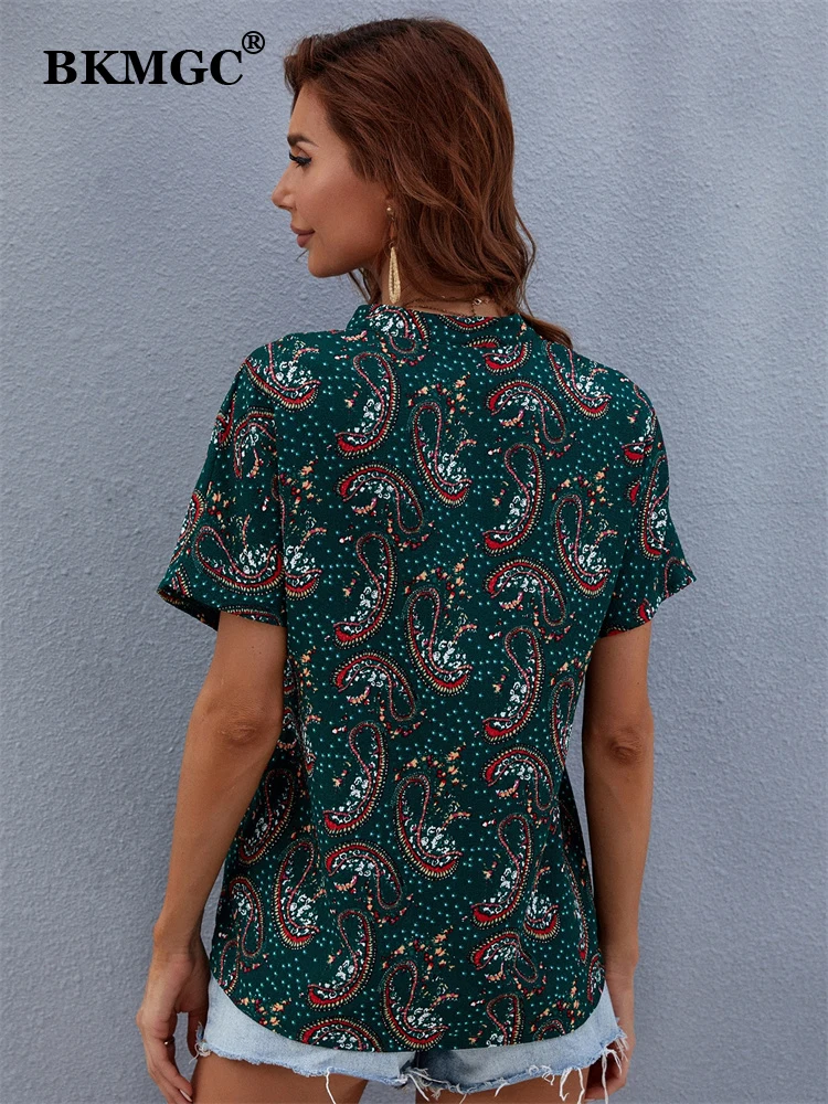 BKMGC Printed Vintage T-shirt Women Loose Casual Short Sleeve Commuter Pullover T shirt Top Green Tops Women 2022 Summer 6729