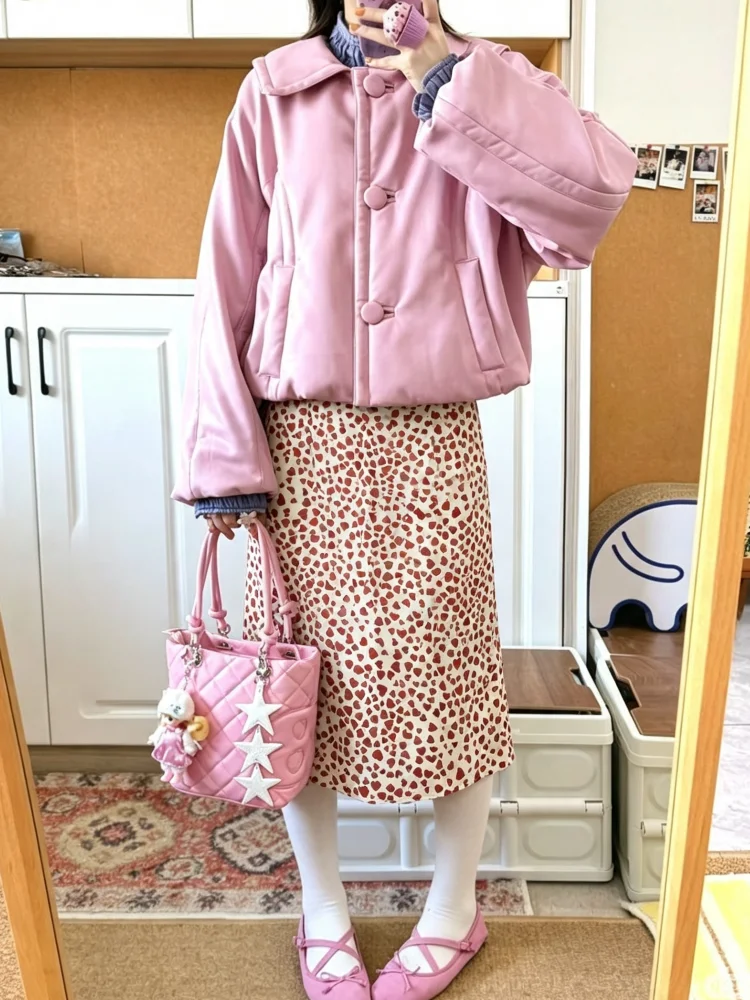 White Base Red Heart Print Midi Skirt High Waist Straight Elastic Waist Sweet Casual Women Skirt