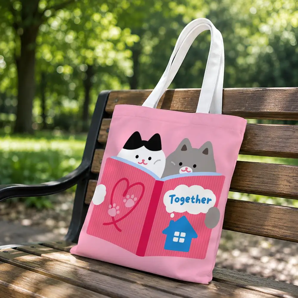 Cute Cat Together Storage Bags Canvas Tote Bag Double-Sided Print Fashion Shoulder Shopping Bag Gift Handbags