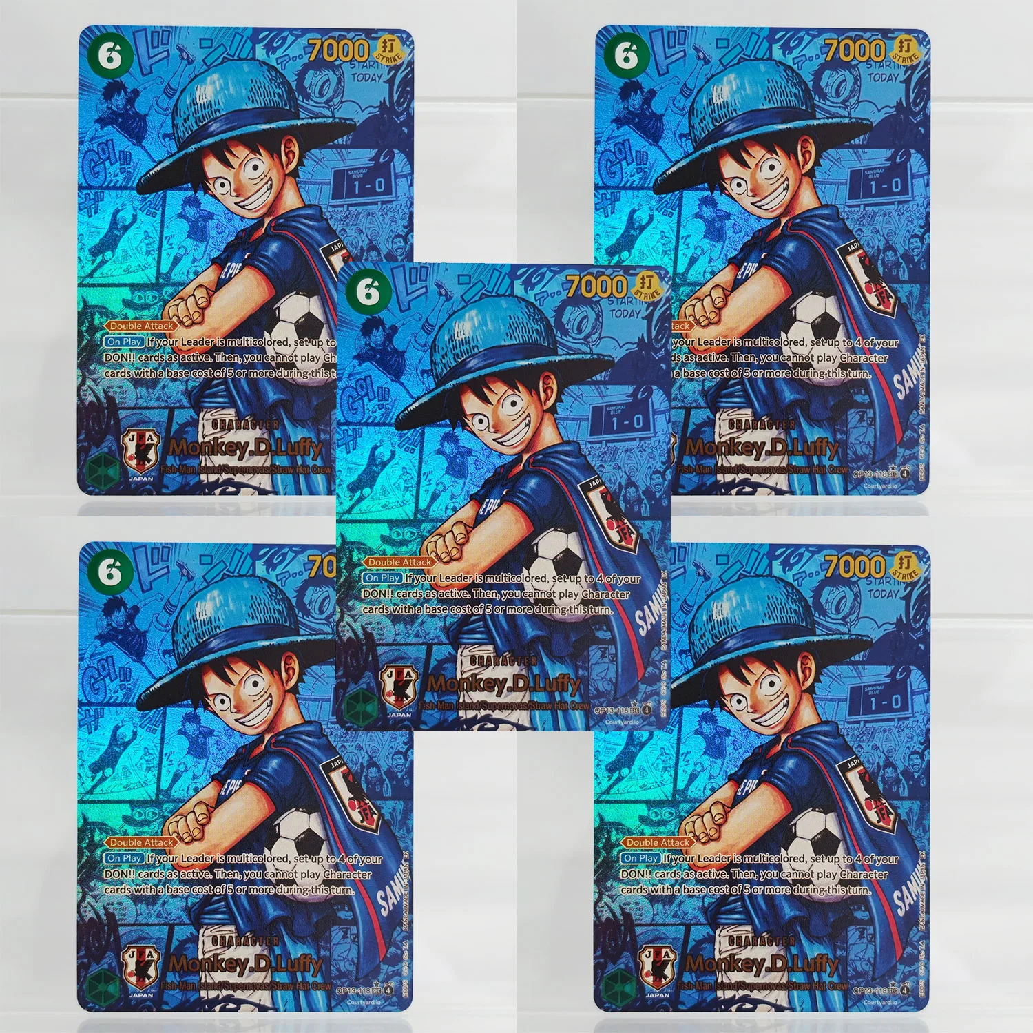 Handgemachtes One Piece Fußball-Sport-Manga-Trikot in Blau Luffy OP13-118 Englische Hobby-Anime-Sammelkarte Spielzeug