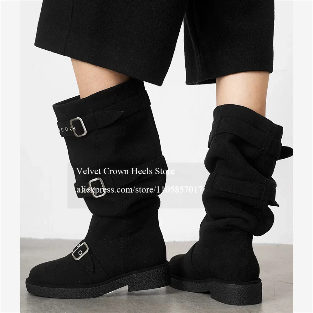 Suede Buckle Strap Slouchy Mid Calf Boots Pleated Round Toe Pull on Low Heel Boot Casual Fashion Daily Comfortable Autumn Winter