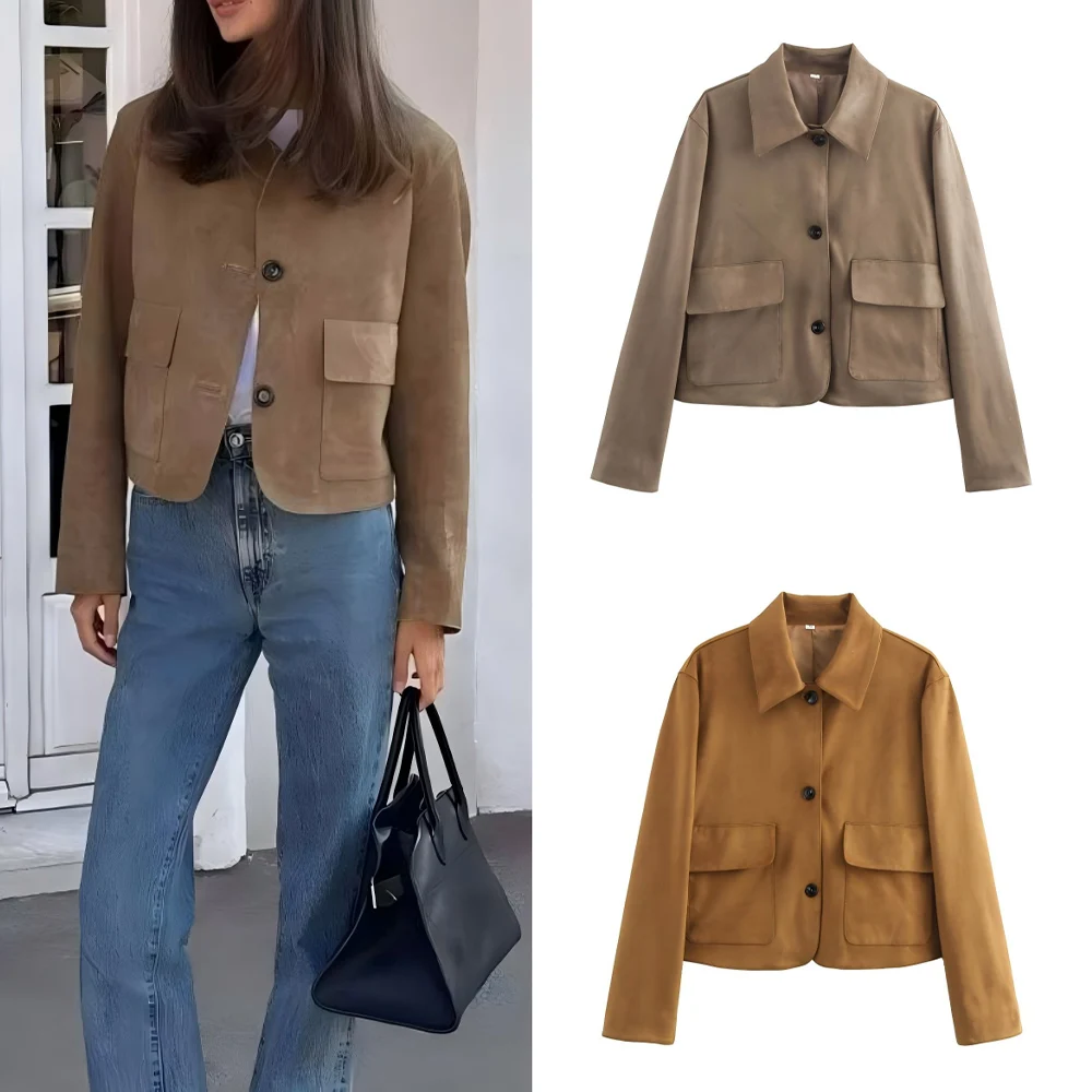 

Women's new fashion flip pocket decoration casual Lapel suede Leather Coat retro long sleeved Button-up women's Coat chic top