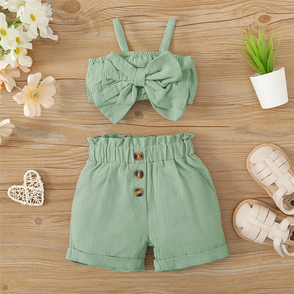 2PCS Baby Girl Clothing Set Infant Big Bow Sleeveless Suspender Top+Shorts Summer Fashion Outfit for Toddler Girl 3-24 Months