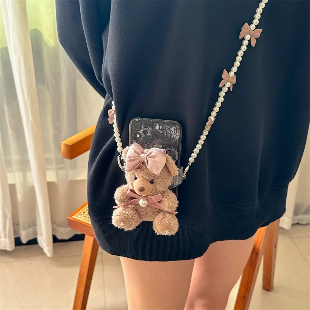 Brown Plush Bear Keychain Plush Doll Sweet Bow Bear Phone Back Clip Handmade Kawaii Fluff Stuffed Animal Key Rings Bag Pendant