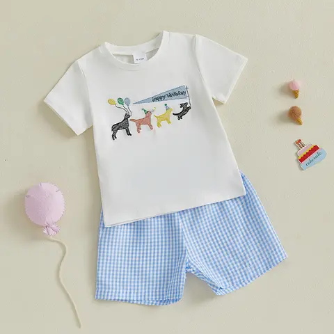 2-teiliges Outfit-Set für Babys mit niedlichem Dinosaurier-Aufdruck, kurzärmeliges T-Shirt, Denim-Shorts für Sommer-Strandparty