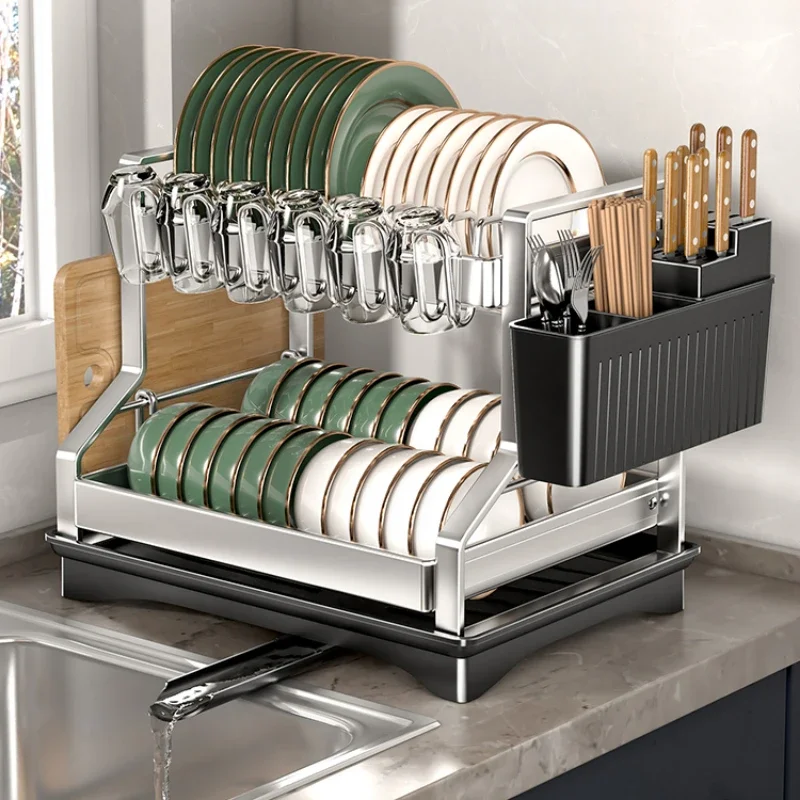 

Kitchen Organizer Two Tier Dish Drying Rack Utensils Storage Holder Bowls Knife Fork Pot Holder Countertop