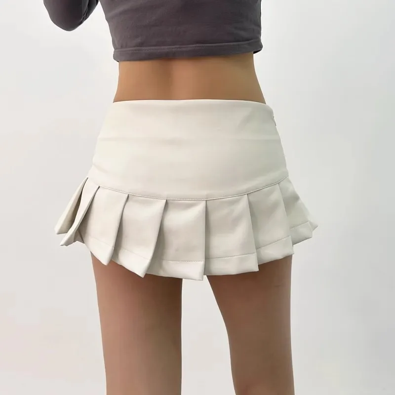 Y2K PU Leather Pleated Mini Skirt With Shorts Lining Women Sexy Zipper Summer Low Waist Short Coffee White Black