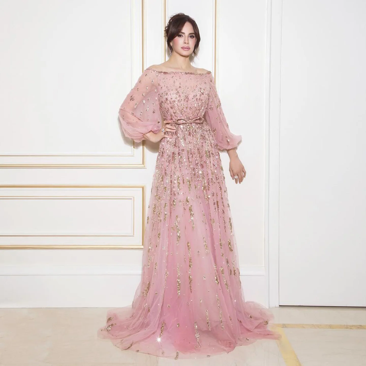 Sharon Said Luxuriöses Rosa Abendkleid mit Rundhalsausschnitt und Langen Ärmeln, Schleifen für Damen, Hochzeits- und Partykleider SS230, Maßanfertigung – Detail 4