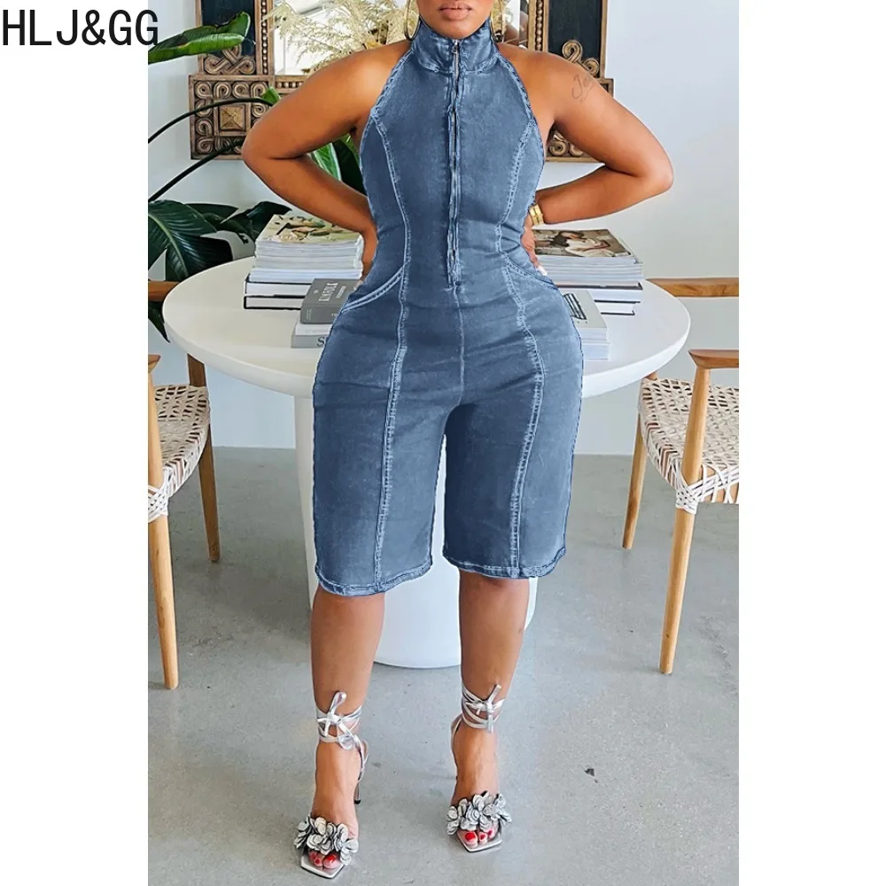 HLJ&GG Fashion Denim Splicing Backless Slim Rompers Women Round Neck Sleevless Elasticity Jumpsuits Summer Female Cowboy Overall
