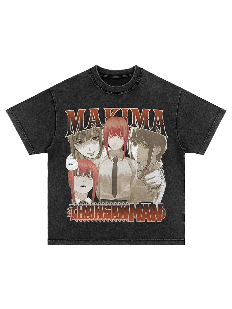 

2025 American Retro Chainsaw Man T-shirt, Macchima Anime Print, Washed and Aged Short Sleeve Vintage