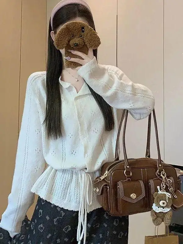 Women's Knitted Open Cardigan Top Hollow out Long Sleeve Waist Cinched Drawstring Casual Style White Sweater Spring Autumn