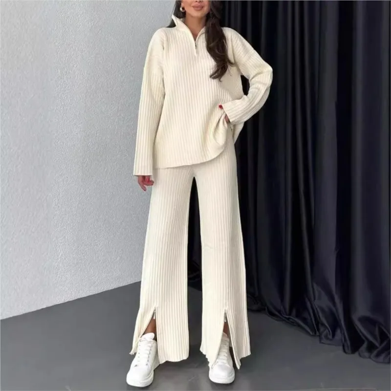 Casual knitted home suit women\'s warm zipper top trousers lapel long sleeves high waist trousers 2 piece suit