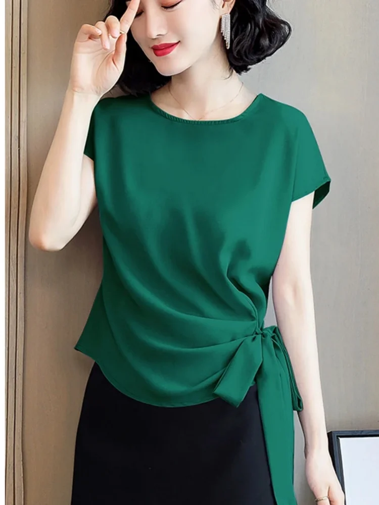 Fashion Summer Short Sleeve Silk Women\'s Blouse Office Lady Elegant Bow Shirts Casual Loose Clothing