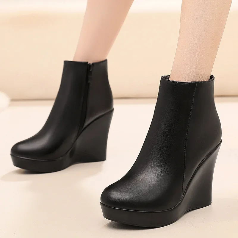 8cm 10cm Small Size 33-41 Comfortable Fall Winter Genuine Leather Boots Platform Wedges Shoes 2024 High Heels Ankle Botas Office