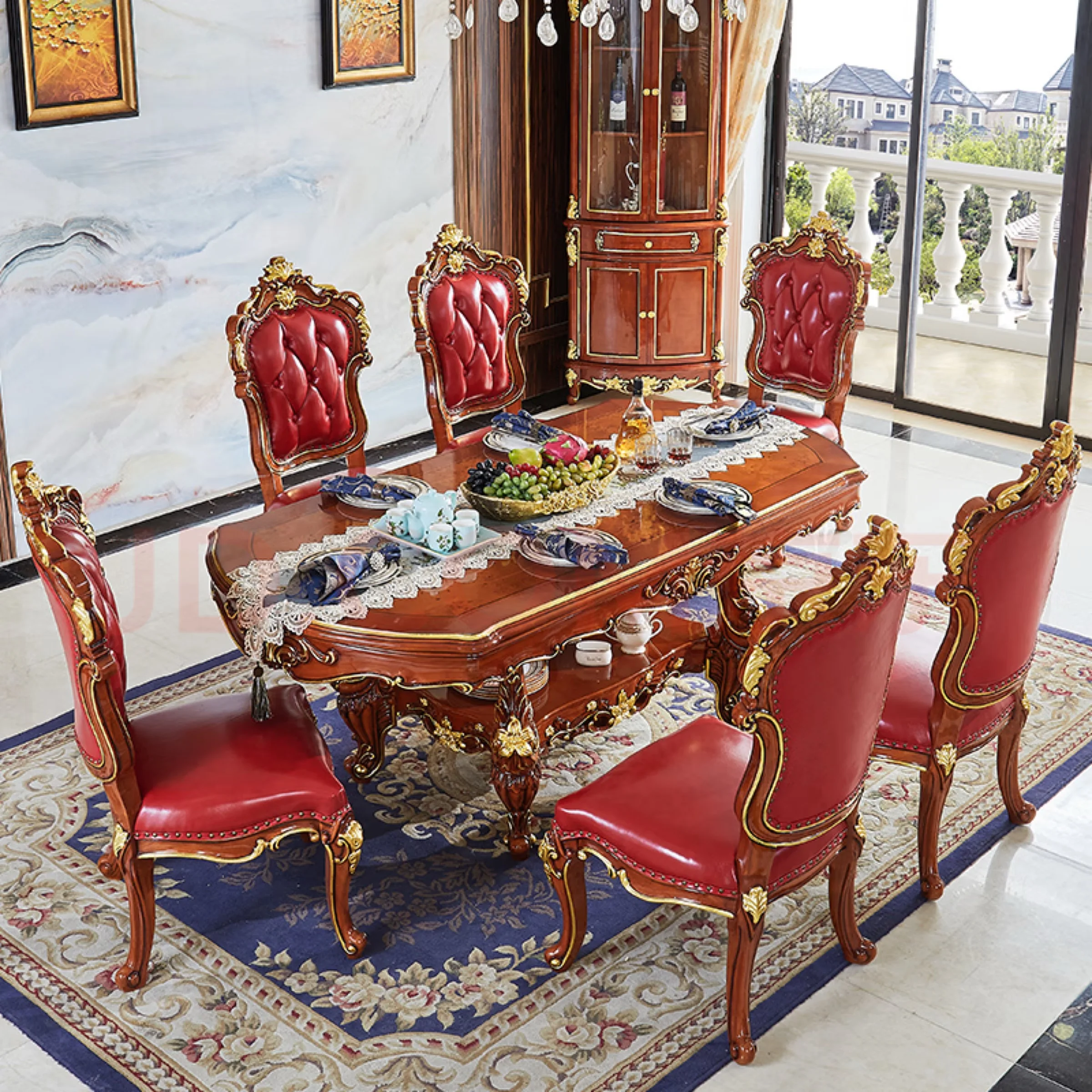 European style solid wood dining table luxury carved high-end restaurant dining table and chair combination