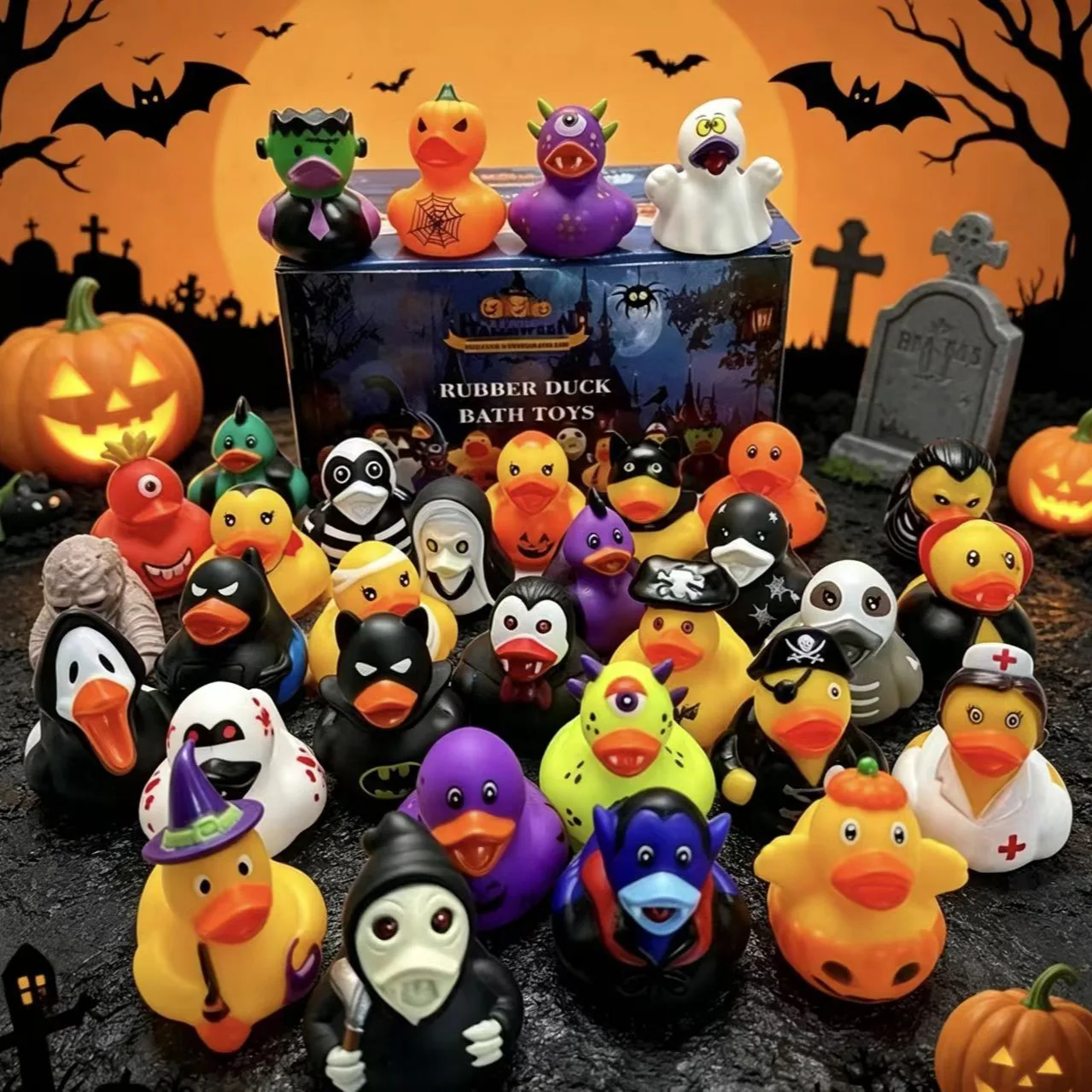 60/48/24/12/10/6/1 Halloween Bat Ducks, Squeeze Ducks, Stress-Relief Ducks, Bath Floating Sound-Making Ducks, Baby Shower Bath Toys, Rubber Children's Toy Ducks