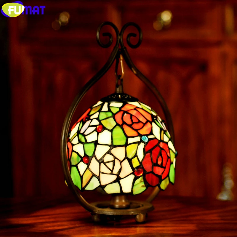 FUMAT Tiffany Style Grape Rose Night Light Stained Glass Colorful Desk Deco Bedside Eye Protection Table Lamp For Children Nurse