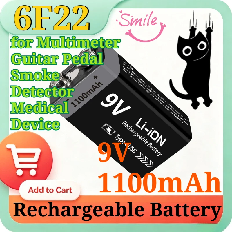 9V 1100mAh Rechargeable Lithium Battery with USB Type-C Charging Port for Multimeter Guitar Pedal Smoke Detector Medical Device