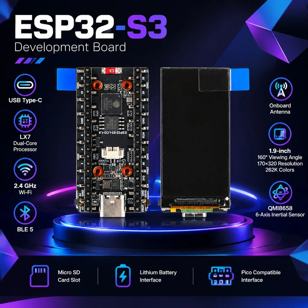 ESP32-S3 Development Board with 1.9-inch Touch LCD Display WiFi  Bluetooth5 SD Card Slot USB Type-C 6-axis Dual-Core Onboard