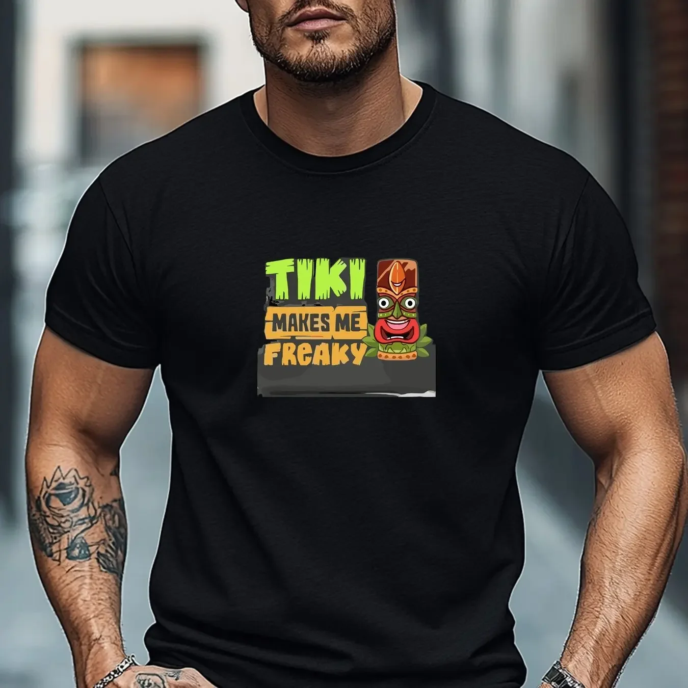 Men Tiki Makes Me Freaky Funny Tiki Totem Graphic T Shirt Hawaii Tropical Loose Short Sleeve Unisex Casual Tee