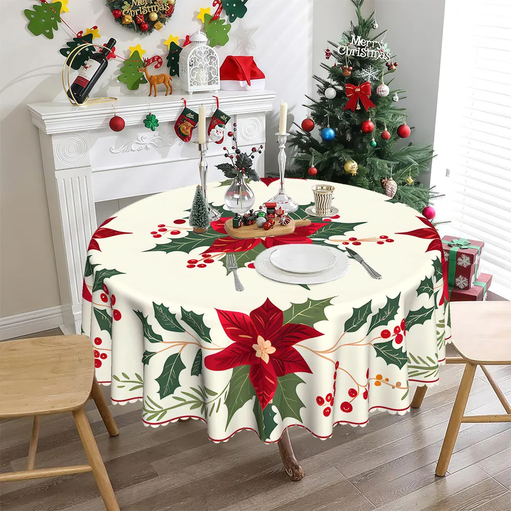 

1PCS Round Christmas Themed Printed Tablecloth Vintage Country Style Christmas Tree Leaves Pattern Birthday Holiday Tablecloth