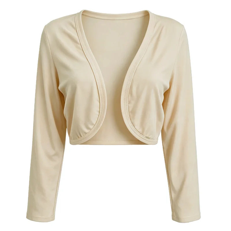 Damen-Bolero mit langen Ärmeln und offenem Vorderteil, kurze Strickjacke, leichte Strickbluse, kurze Jacke, weiches Oberteil, dehnbares Oberbekleidungsstück. – Detail 10