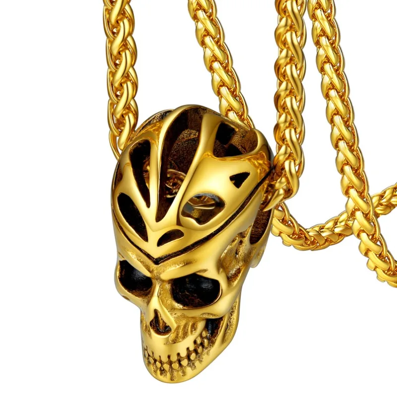 Stainless Steel Perforated Mask Helmet Pendant Skull Necklace for Men Women Gold Plated Hot Sale Punk Style Necklace Accessaries