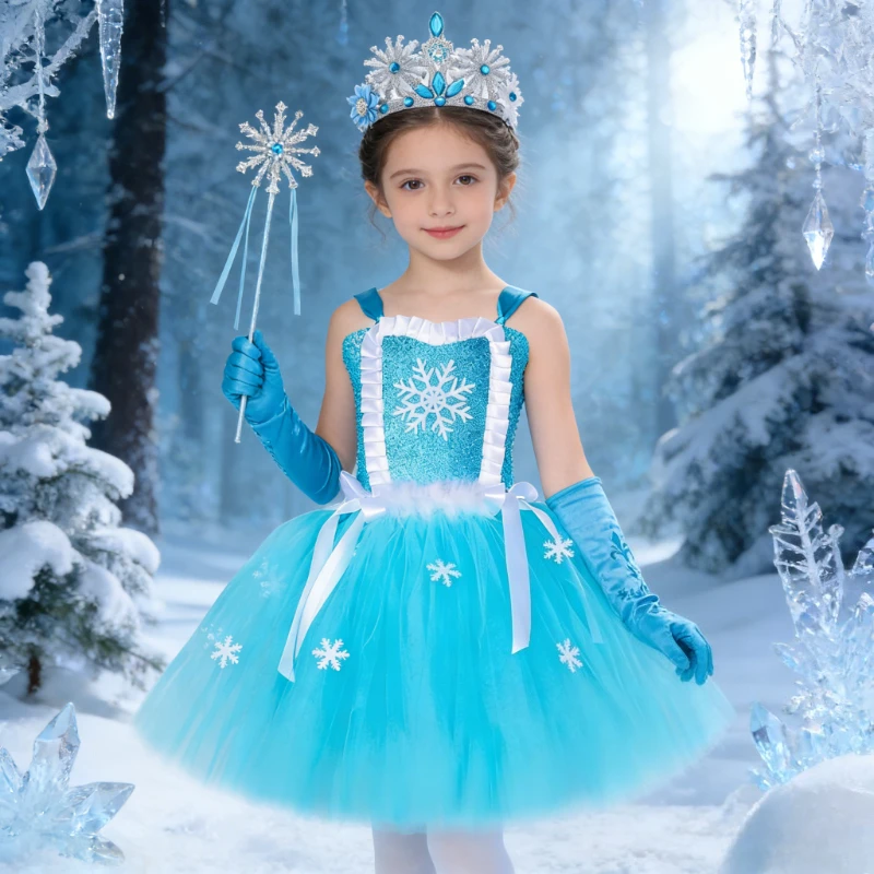 Vestido de tutú de princesa azul cielo para niñas pequeñas, conjunto de disfraz de reina de hielo con copos de nieve, conjunto de disfraz para fiesta de cumpleaños de Halloween para niños