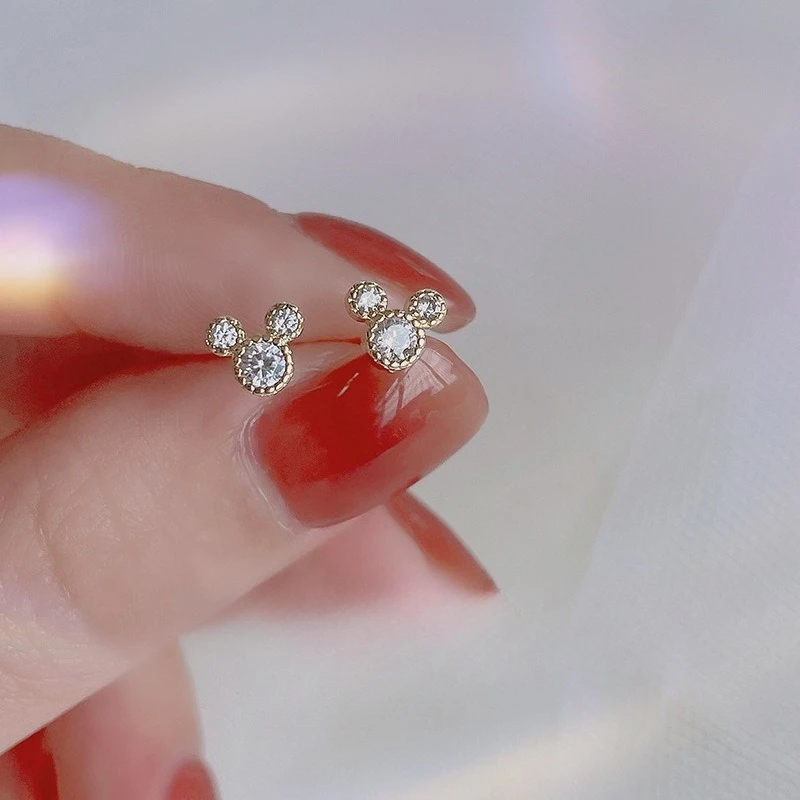 Mini Shiny 925 Sterling Silver Zircon Mouse Head Stud Earrings for Women Girls Korean Style Cartoon Piercing Jewelry Accessories