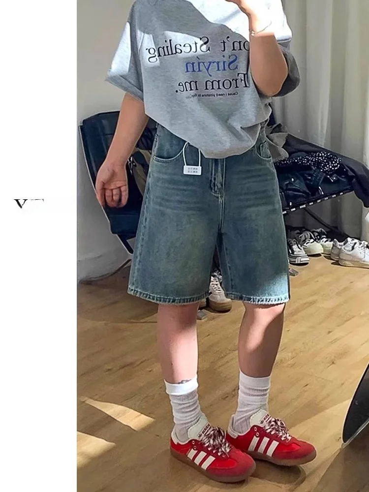 

plus Size Wide Leg Denim Shorts Women Summer 2025 Loose Slimming for Pear Shaped Body High Waist Straight Cut mid Length Pants