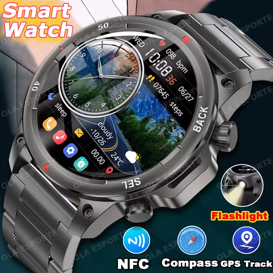 

New Military Grade 400mAh Battery 1.53inch IPSMen Smart Watch LED Flashlight Compass 5ATM Waterproof Bluetooth Call Sports Watch