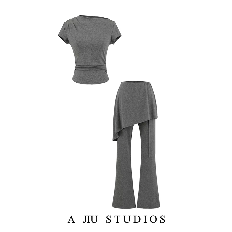 

Spicy Girl Asymmetrical Slash Collar Shoulder Bared Pleated Waist Short Sleeve T-Shirt Women Summer Flared Pants Two Pie...