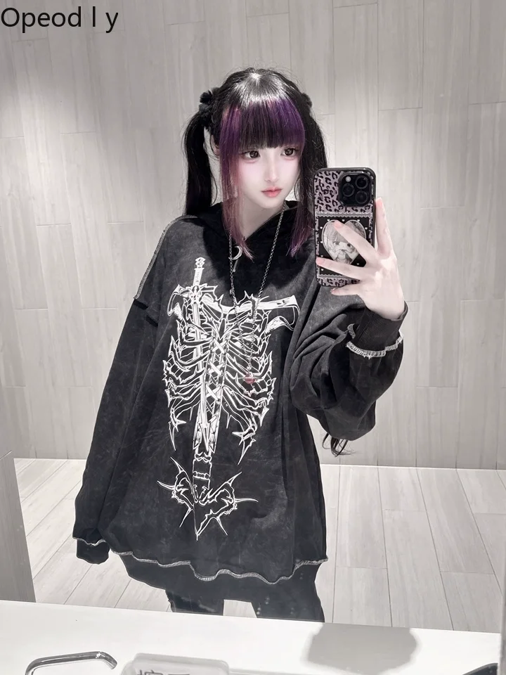 

Original Subculture Rib Printing Tie-dye Stitching Line Old Hooded Sweatshirt Japanese Autumn Winter Punk Cool Girl Loose Coat