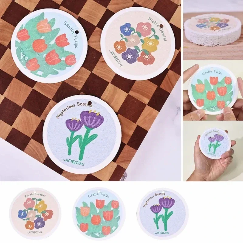 3Pcs Organic Wood Pulp Sponge Wood Pulp Cotton Dishwashing Sponge Wipe Cartoon Flower Wood Pulp Dish Soap Container Dish Brush