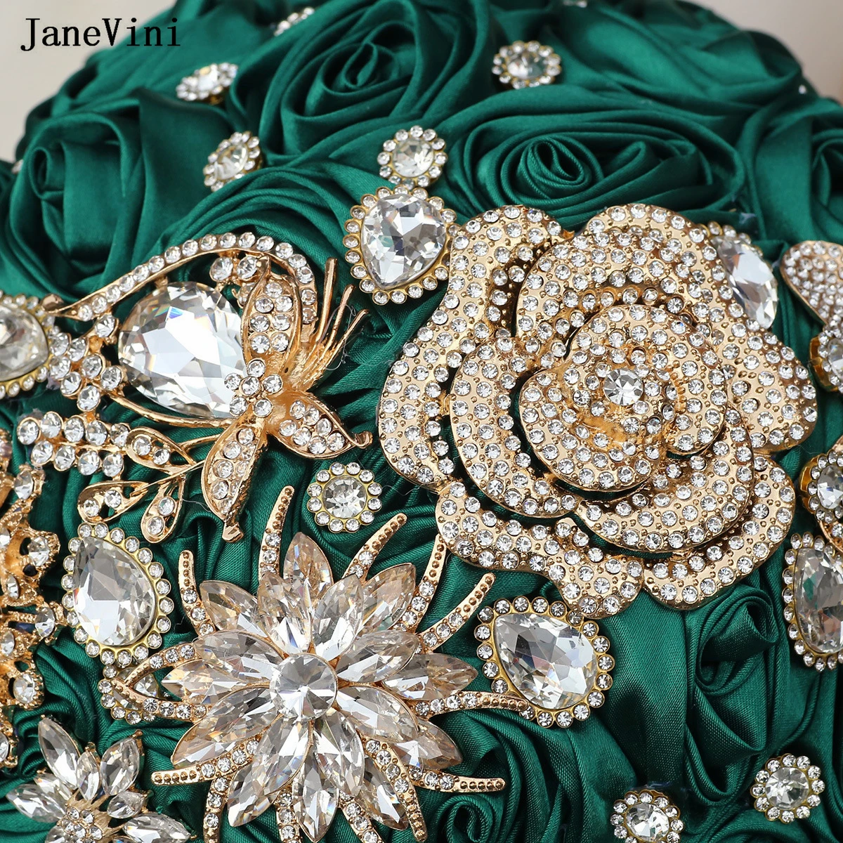 JaneVini-ramos de novia con diamantes de imitación dorados, joyería hermosa, rosas artificiales de satén, verde oscuro, flores de sujeción para novia de boda, 2024