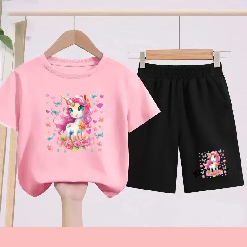 

Children's Summer T-shirt + Shorts with Cartoon Animation Patterns - Charming Style in Pink and Purple - Loved by Girls