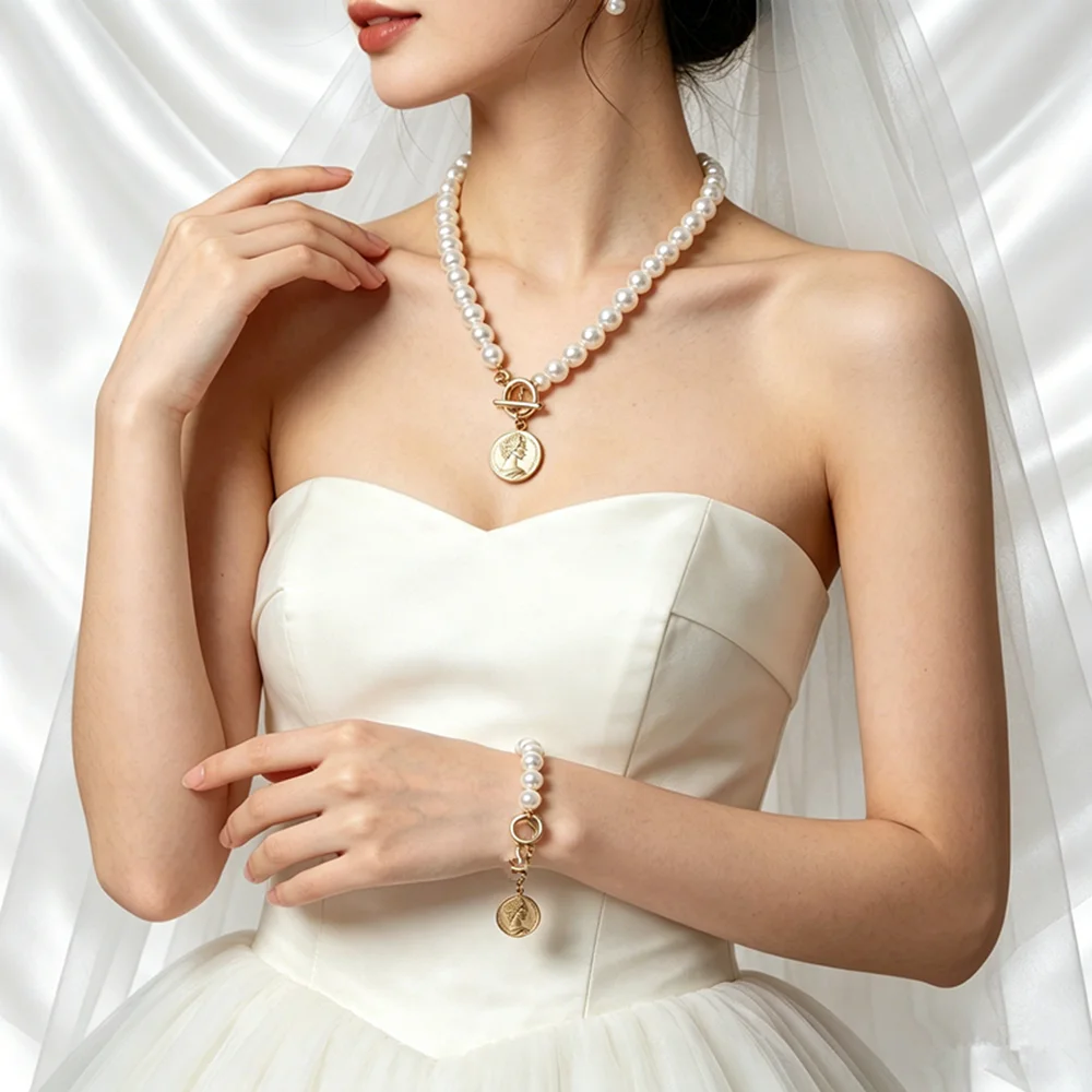 Retro Baroque Pearl Jewelry Set for Women Wedding Party Necklace and Bracelet Gift
