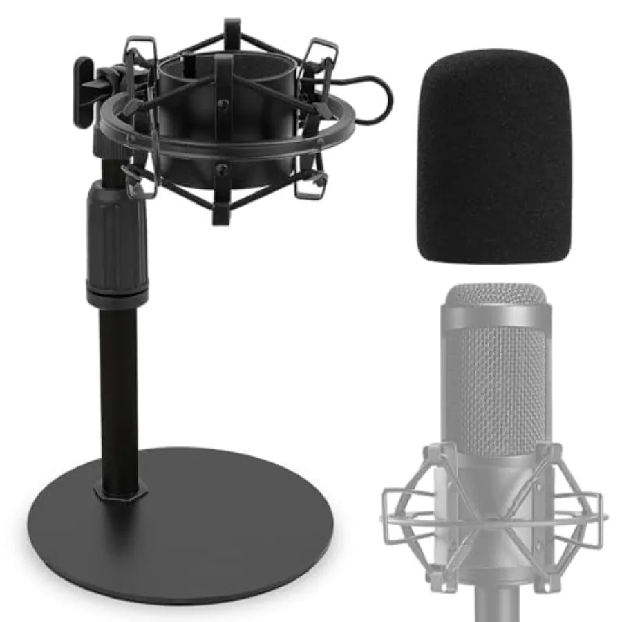 Soporte de micrófono de escritorio AT2020 mejorado, soporte de micrófono de mesa ajustable con soporte de choque y parabrisas de espuma para Audio Technica AT2