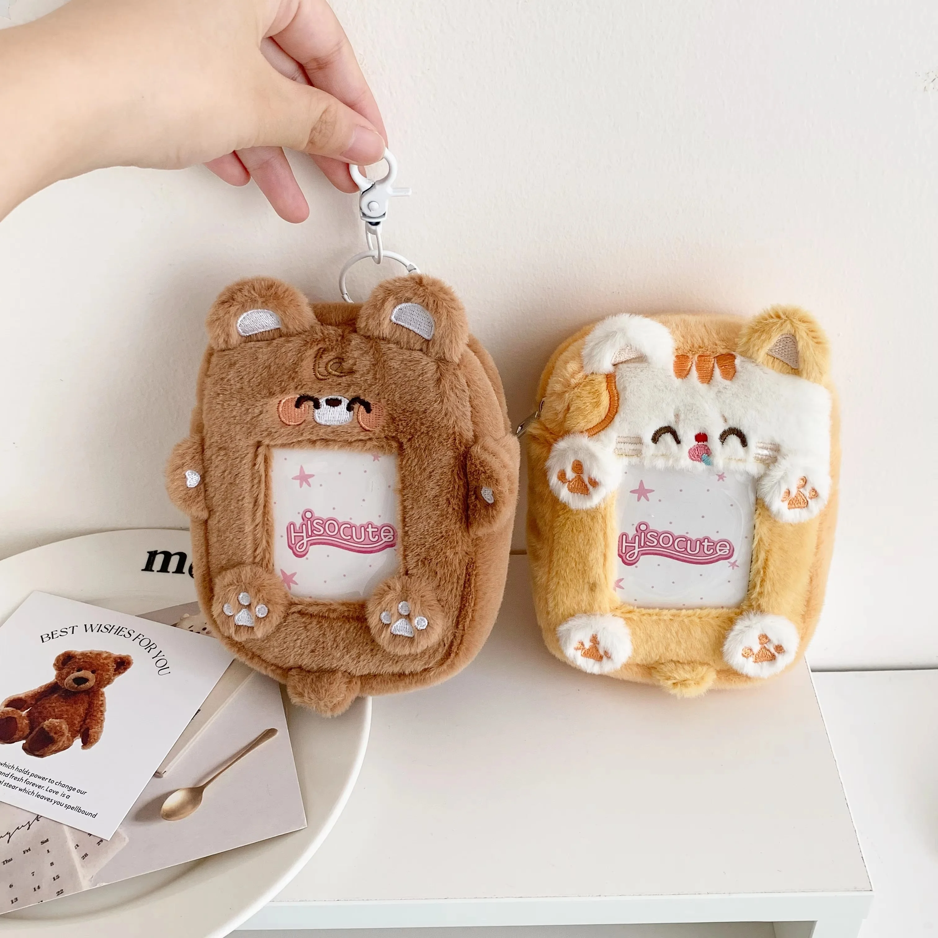 1pc Korea INS Style Cute Cartoon Animal Idol Photo Card Holder With Keyrings Plush Puppy Tiger Small Pouch Kpop Photocard Case