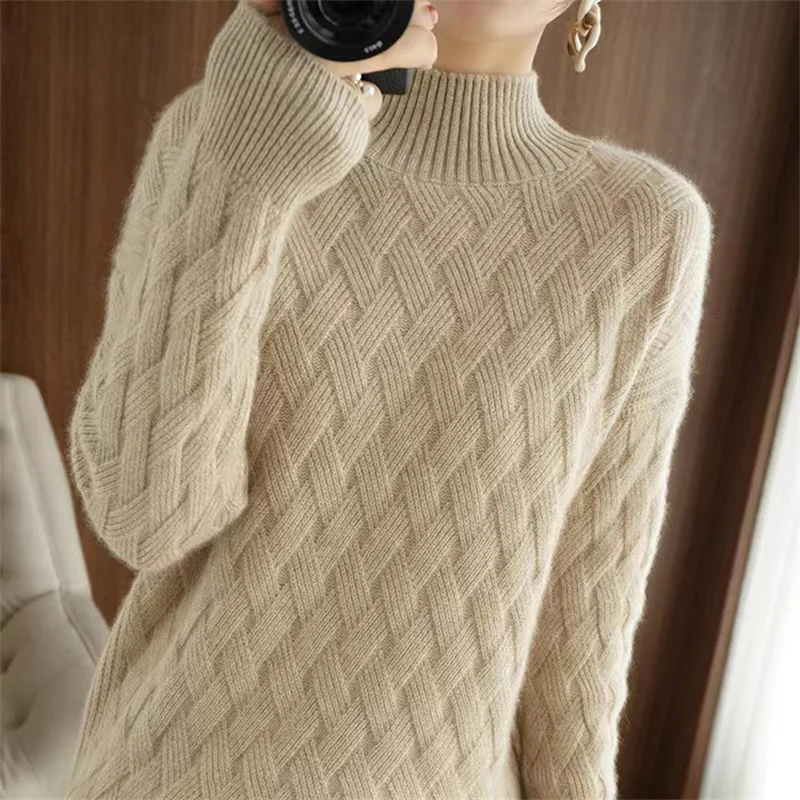 

Autumn Winter Half High Neck Pullover Sweater For Women's Bottom New Loose Knitted Tops Long Sleeved Warm Pull Femme Clothes