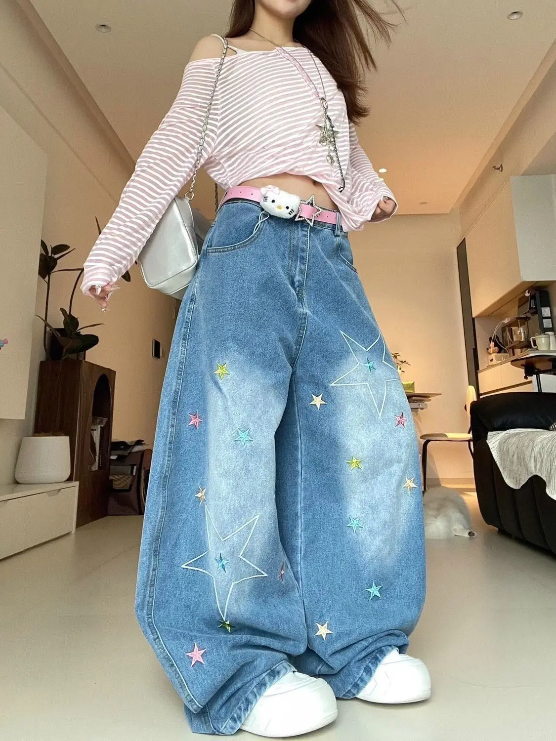 Vintage Street Style Star Embroidered Jeans Women Fashion New Slimming Versatile Washed Wide Leg Pants Loose Curved Hem Denim